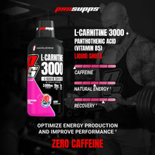 L-carnitine 3000 liquid shot bottle, black cap and pink label with 'Zero Caffeine'