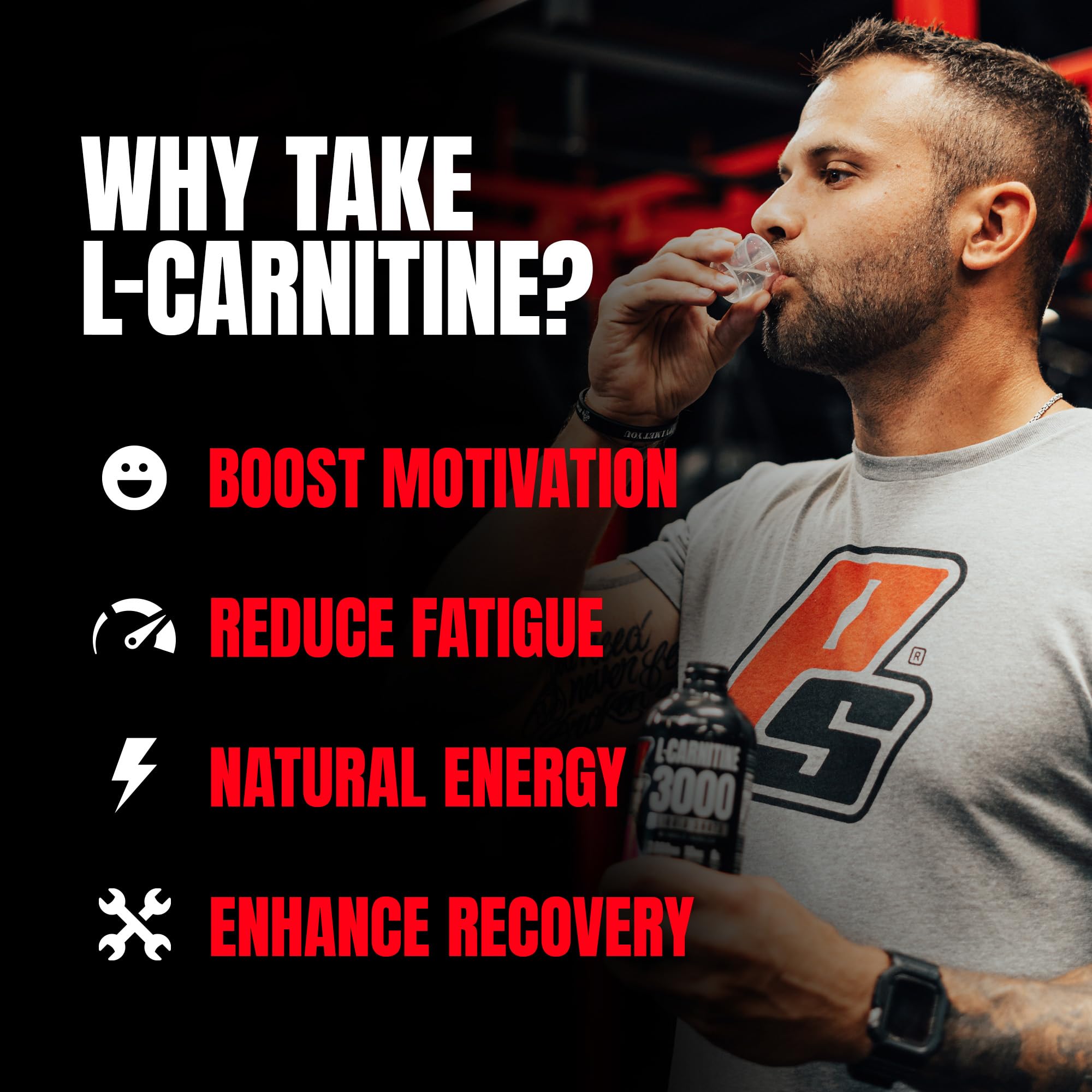 Man drinking PROSUPPS L-Carnitine shot with benefit text overlay L-Carnitine liquid shots for weight loss