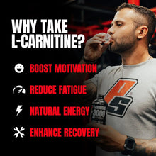 Man sipping from L-carnitine 3000 liquid shot bottle, black and pink berry label visible
