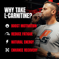 Man drinking PROSUPPS L-Carnitine shot with benefit text overlay L-Carnitine liquid shots for weight loss