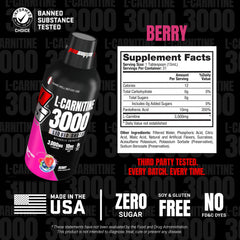 PROSUPPS Berry L-Carnitine 3000 bottle with supplement facts label and zero sugar claims L-Carnitine liquid shots for weight loss.