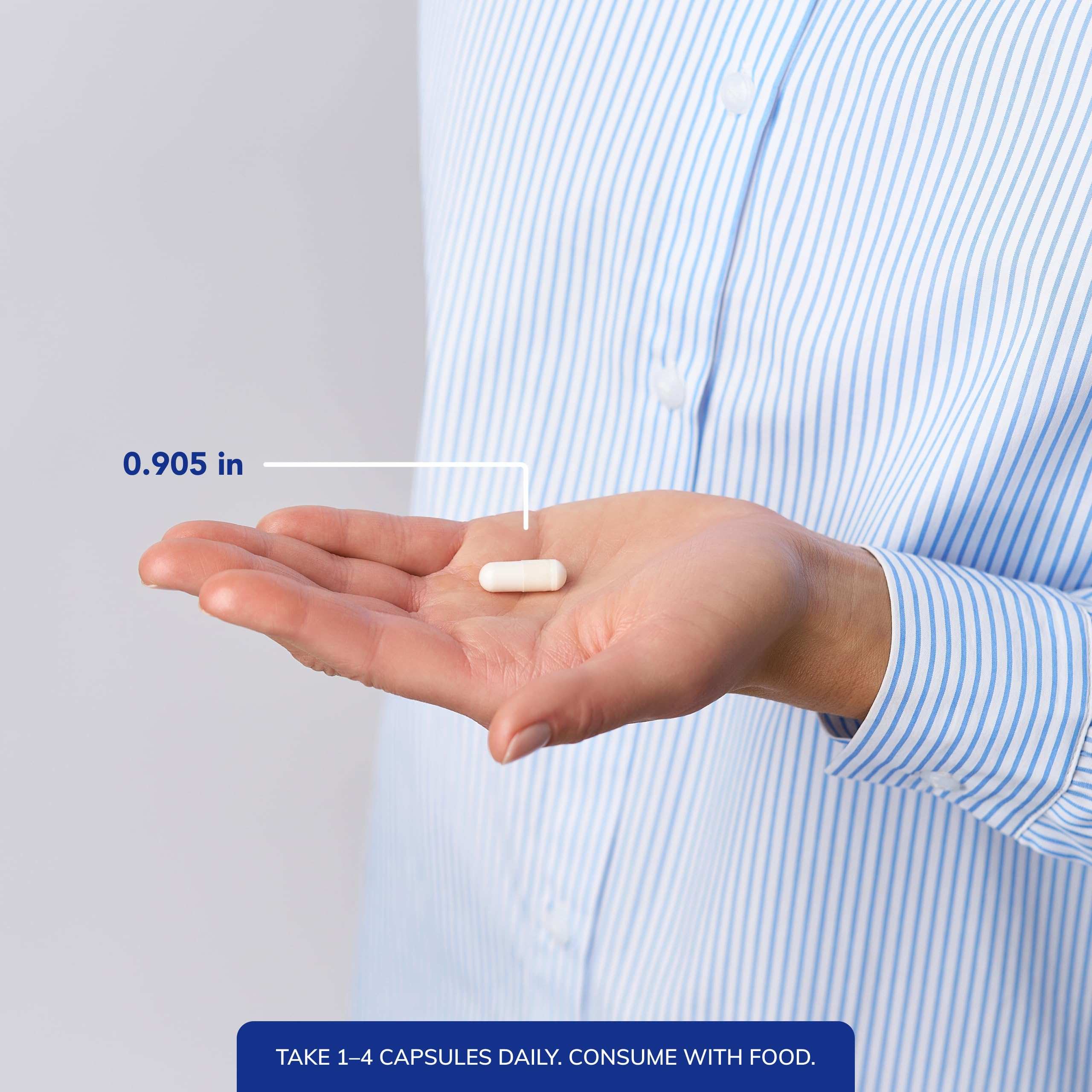 Pure Encapsulations white capsule on open palm with size label 0.905 in and dosing note for magnesium glycinate capsules