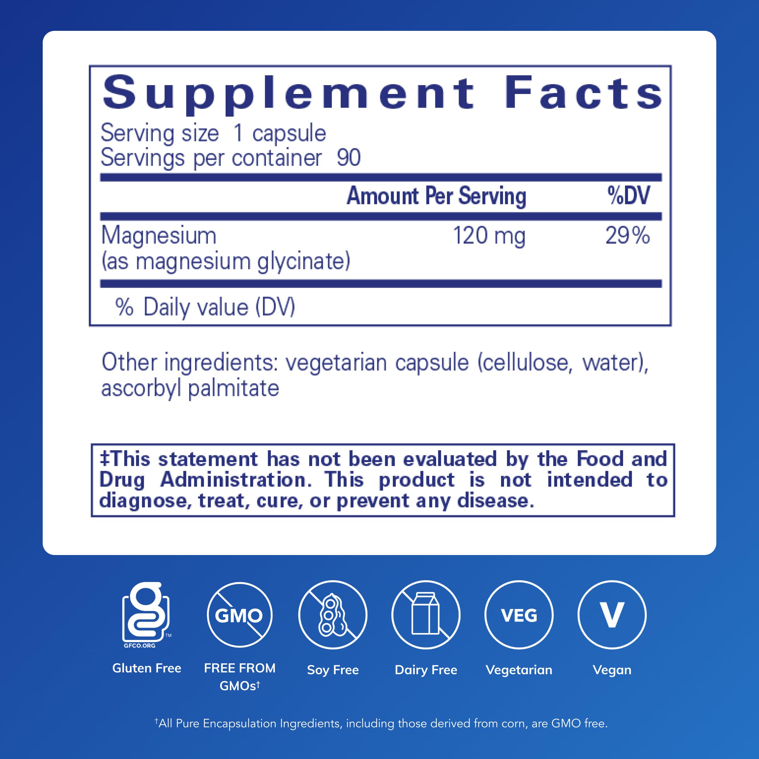 Pure Encapsulations supplement facts label showing magnesium glycinate capsules 120 mg per serving 90 servings vegetarian vegan