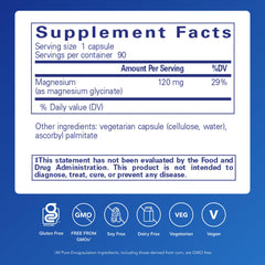 Pure Encapsulations supplement facts label showing magnesium glycinate capsules 120 mg per serving 90 servings vegetarian vegan