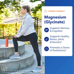 Pure Encapsulations magnesium glycinate capsules label next to woman stretching outdoors promoting rest and joint support