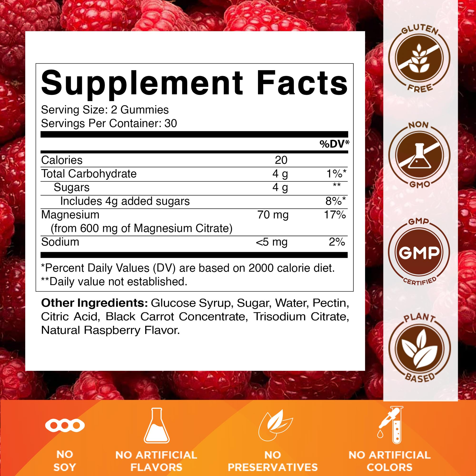 Vitamatic raspberry supplement facts label for magnesium gummies 600mg showing nutrition facts and clean label icons