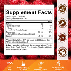 Vitamatic raspberry supplement facts label for magnesium gummies 600mg showing nutrition facts and clean label icons