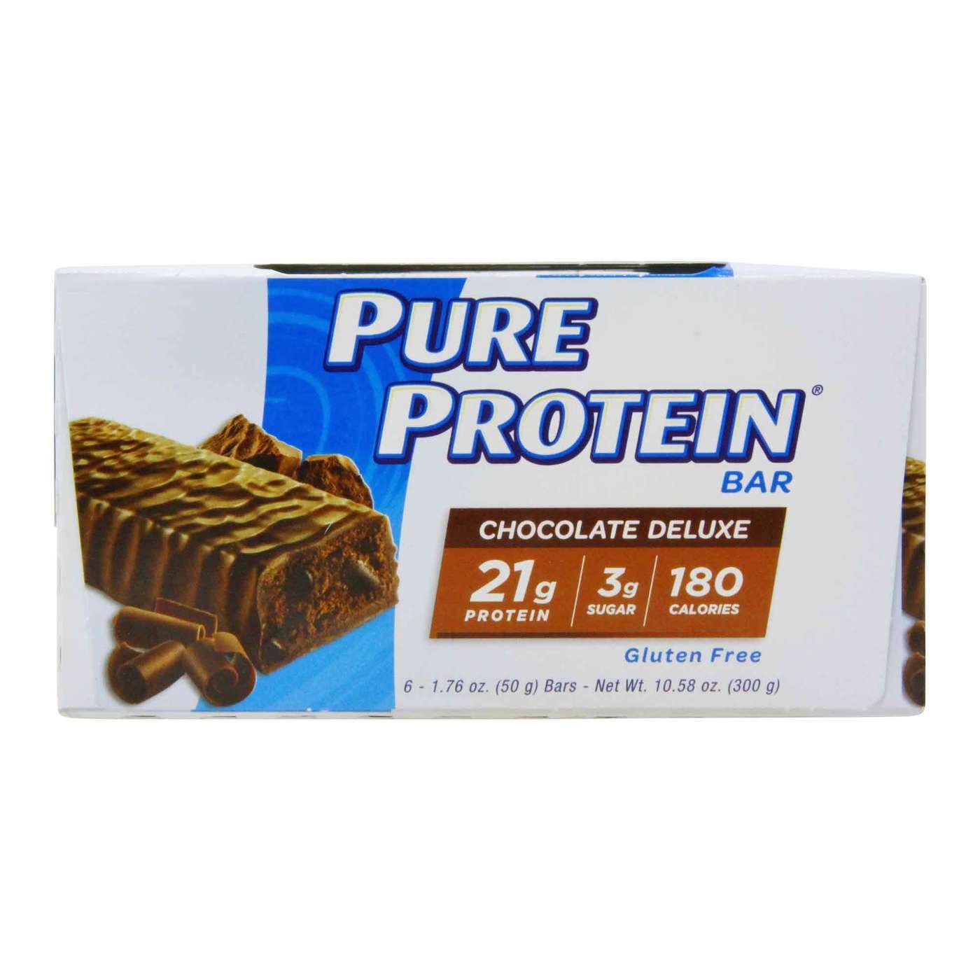Pure Protein protein bar chocolate deluxe box showing chocolate coated bars with 21g protein and 180 calories