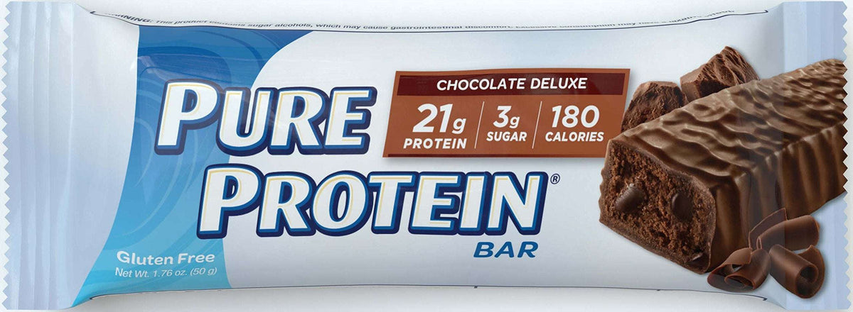 Pure Protein protein bar chocolate deluxe wrapper showing 21g protein 3g sugar 180 calories and chocolate pieces