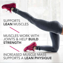 Woman performing leg exercise in gray leggings and pink sneakers with muscle support text and protein bar chocolate deluxe