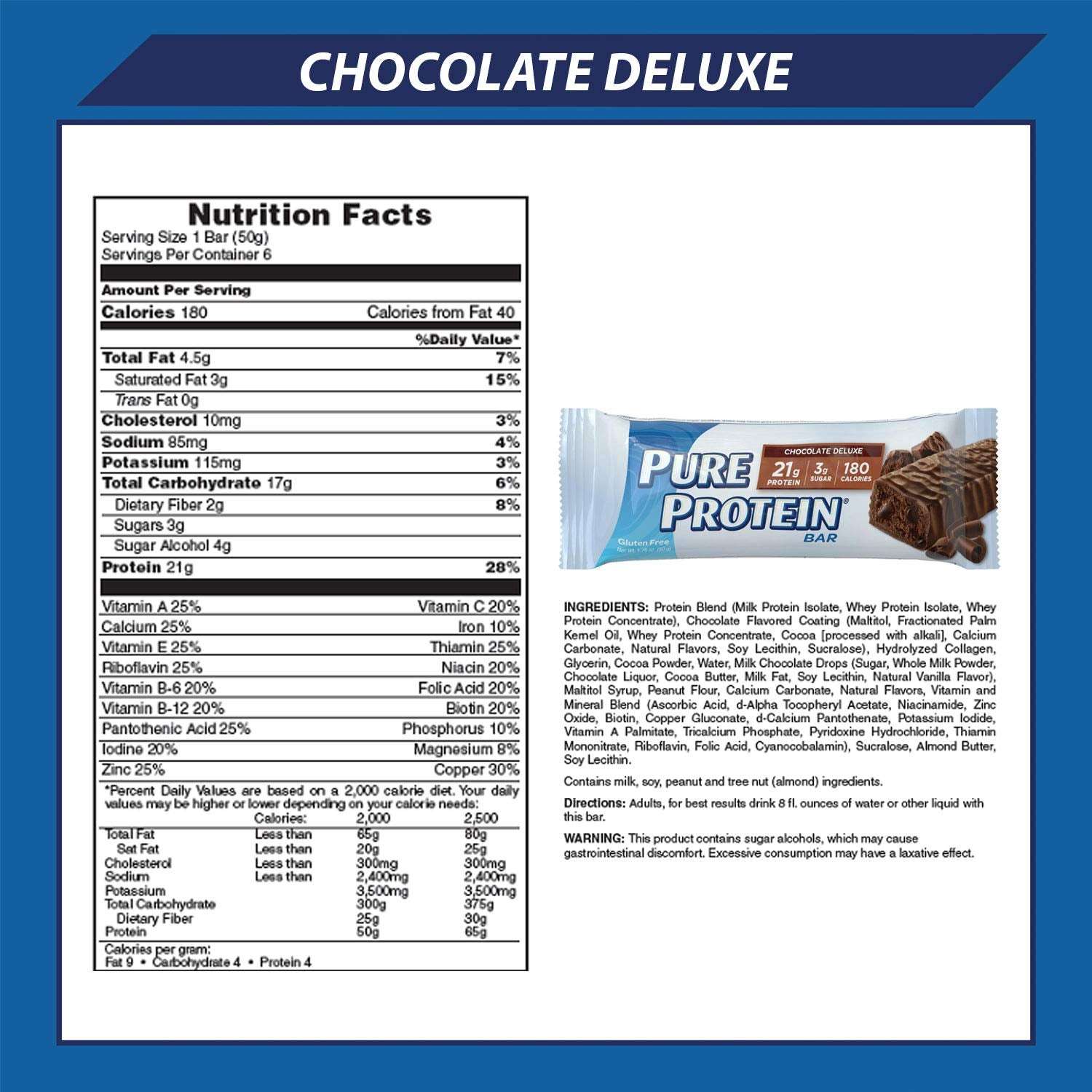 Pure Protein protein bar chocolate deluxe packaging showing bar image nutrition facts and ingredients