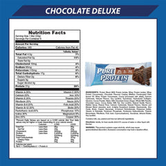 Pure Protein protein bar chocolate deluxe packaging showing bar image nutrition facts and ingredients