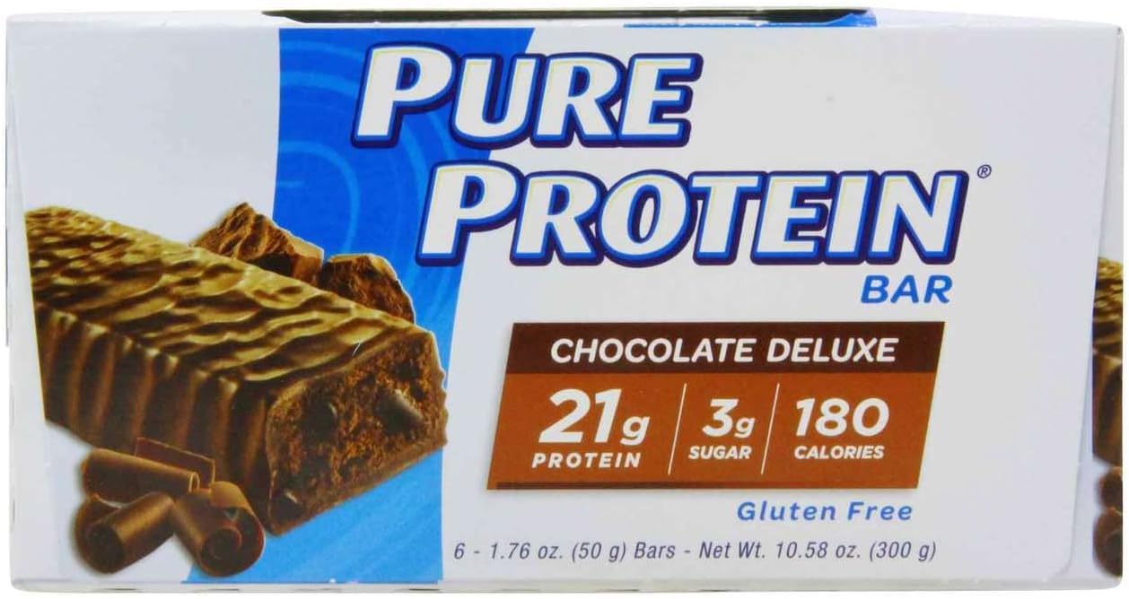 Pure Protein protein bar chocolate deluxe box with unwrapped bars showing 21g protein and 180 calories