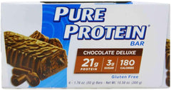 Pure Protein protein bar chocolate deluxe box with unwrapped bars showing 21g protein and 180 calories