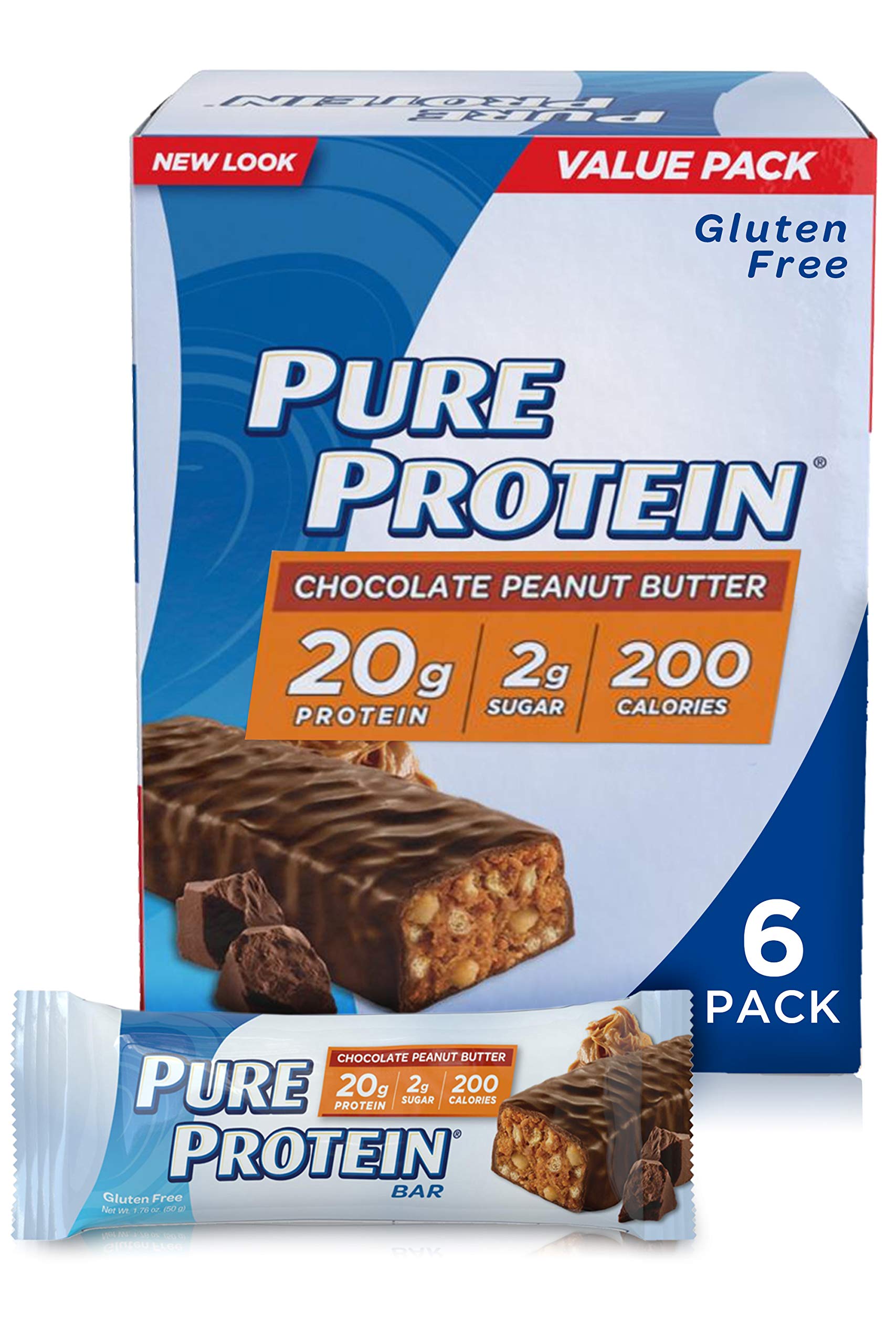Pure Protein 6 pack protein bar chocolate peanut butter 20g protein 2g sugar 200 calories gluten free