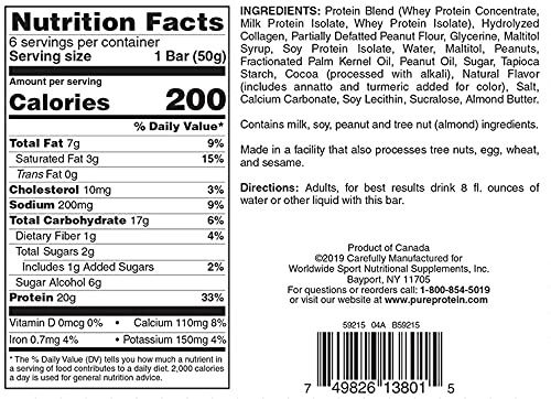 Pure Protein nutrition and ingredient label for protein bar chocolate peanut butter showing calories and 20g protein