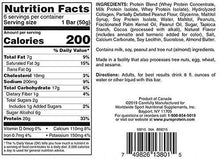 Nutrition facts label for chocolate peanut butter protein bar, 1 bar (50 g)