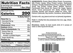 Pure Protein nutrition and ingredient label for protein bar chocolate peanut butter showing calories and 20g protein