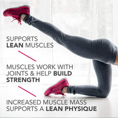 Pure Protein protein bar chocolate peanut butter ad showing woman stretching in gray leggings with pink shoes and muscle support text