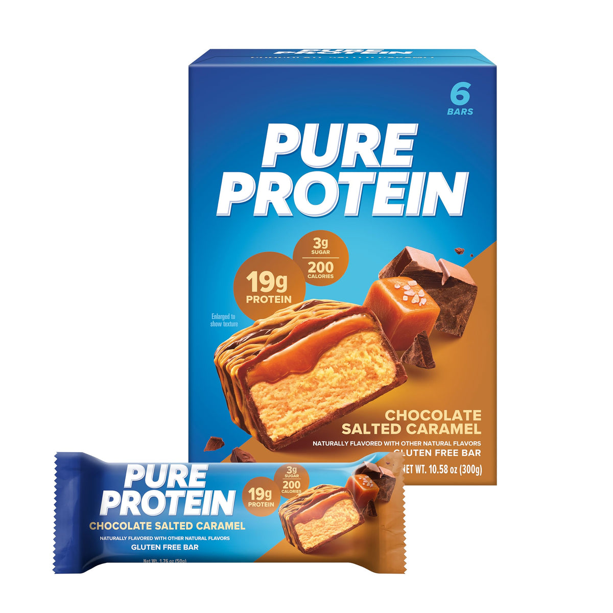 Pure Protein protein bar chocolate salted caramel box with wrapped bar showing caramel drizzle and chocolate pieces