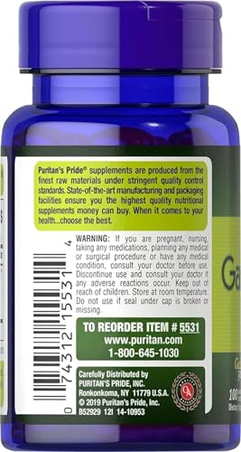Back of blue bottle of Puritans Pride Odorless Garlic 1000mg softgels. showing supplement label with warnings and reorder info