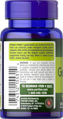 Back of blue bottle of Puritans Pride Odorless Garlic 1000mg softgels. showing supplement label with warnings and reorder info