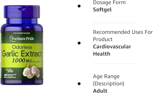 Puritans Pride Odorless Garlic 1000mg softgels bottle with green label and garlic cloves image supports cardiovascular health