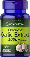 Puritans Pride Odorless Garlic 1000mg softgels. Bottle of odorless garlic extract 100 softgels for heart health