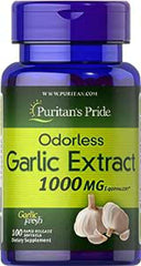 Puritans Pride Odorless Garlic 1000mg softgels bottle showing garlic extract dietary supplement 100 softgels
