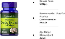 Odorless garlic extract softgel bottle with label panel showing dosage and uses
