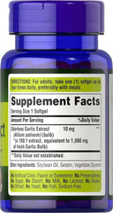 Puritans Pride Odorless Garlic 1000mg softgels. Blue bottle showing Supplement Facts label and directions for adults