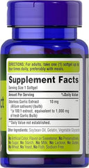 Puritans Pride Odorless Garlic 1000mg softgels bottle showing Supplement Facts label and directions