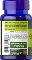 Blue bottle of Puritans Pride Odorless Garlic 1000mg softgels with purple cap showing back label warnings and reorder info