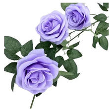 Purple artificial rose bunch with layered blooms, green leaves, and vine stems