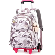 Kids wheeled backpack with purple handle, gray cartoon print, front zip pockets, plush charm