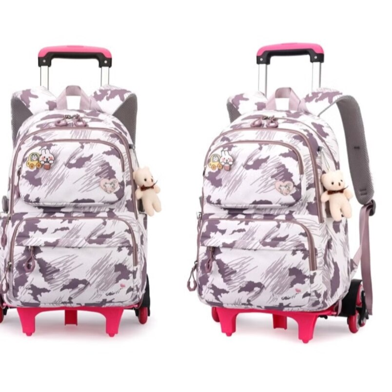 Huitich purple cartoon backpack for kids with wheels and retractable handle, cute bear charm attached