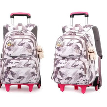 Kids wheeled backpack with purple handle, gray cartoon print, front zip pocket and wheels