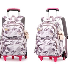 Huitich purple cartoon backpack for kids with wheels and retractable handle, cute bear charm attached