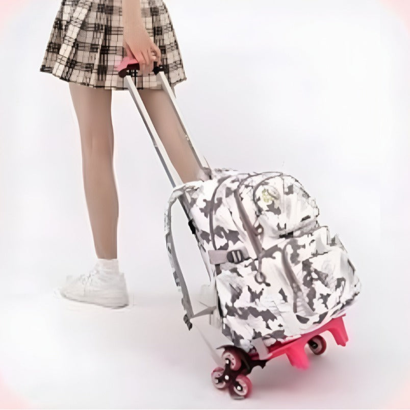 Huitich purple cartoon backpack for kids with rolling wheels and extendable handle