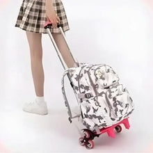 Kids wheeled backpack with gray-and-white cartoon print and telescoping handle