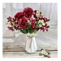 Huitich artificial flowers bouquet with red roses and purple flower home decor in a white vase