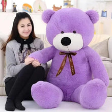 Sitting purple teddy bear plush toy with brown ribbon bow, 60 cm.