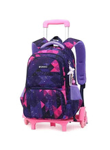 Purple and pink geometric rolling school trolley bag with pink handle and six wheels