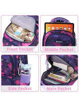 Purple and pink rolling school trolley bag with multiple zip compartments and side pocket