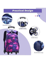 Purple and pink geometric rolling school trolley bag with zippers, handle, and six wheels