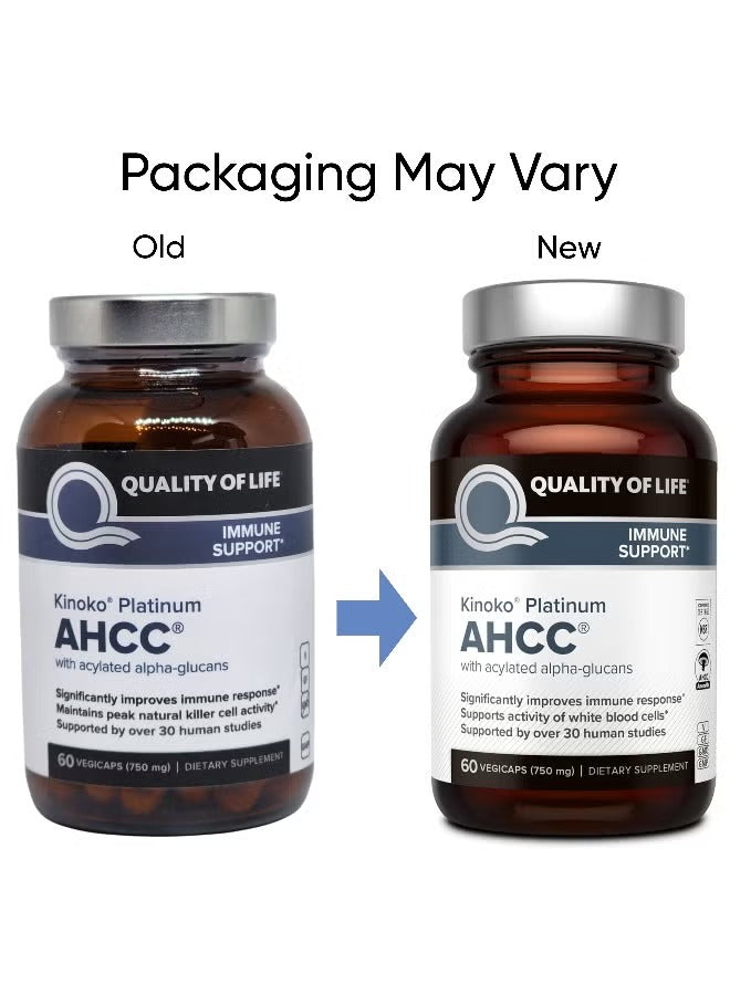 Quality of Life AHCC 750 mg immune supplement bottles with varying packaging design for immune support