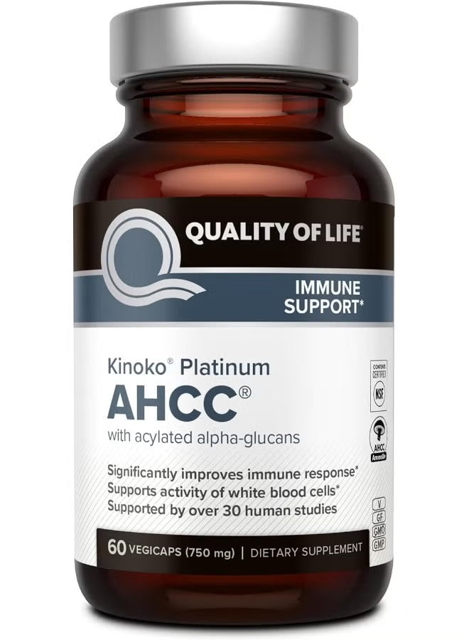 Quality of Life Kinoko Platinum AHCC 750 mg immune supplement in a bottle with 60 vegicaps