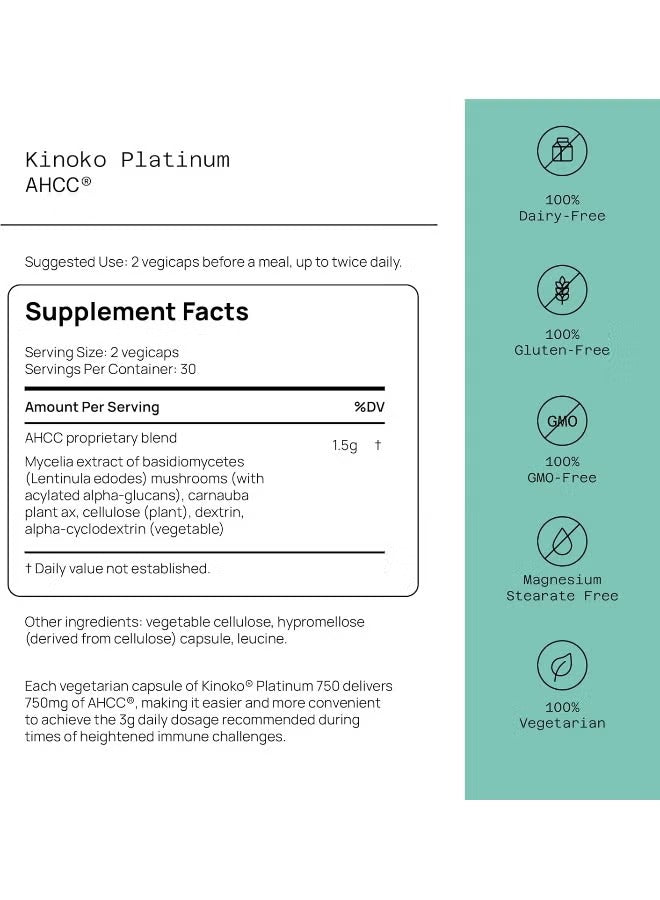 Kinoko Platinum AHCC 750 mg immune supplement in vegetable capsules for immune support