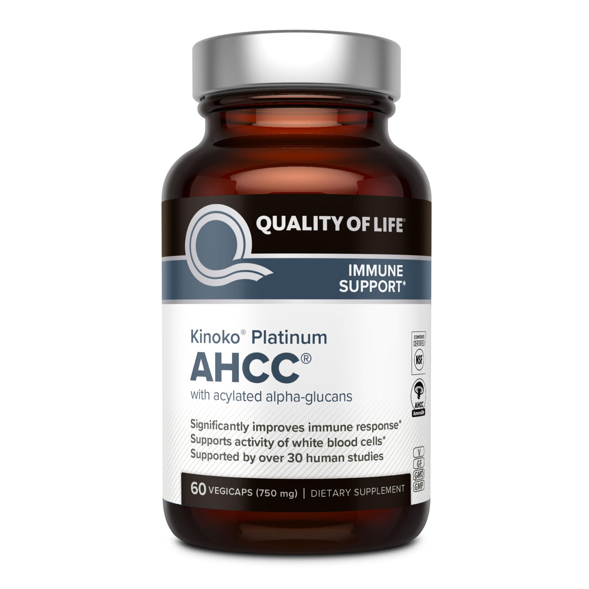 Quality of Life Kinoko Platinum AHCC immune support supplement bottle 60 vegicaps for immune health