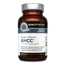 Immune support supplement bottle with Kinoko Platinum AHCC label, 60 vegetarian vegicaps